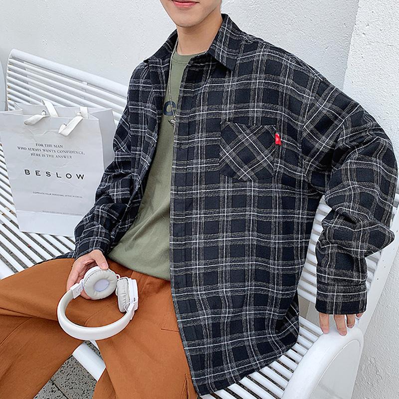 

Men' Casual Shirts Japanese Streetwear Harajuku Plaid Shirt Long-Sleeved Men' Aesthetic Clothes Cardigan Jacket Couple Retro Vintage T, Black