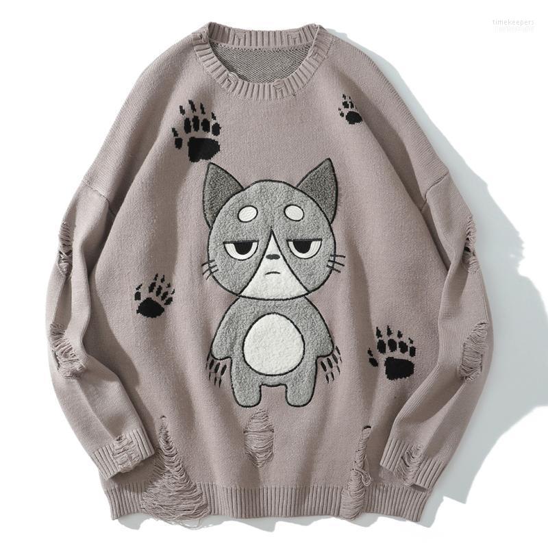 

Harajuku Cartoon Kitten Pattern Knitted Sweater Pullover Streetwear Hip Hop Retro Autu Men' Sweaters Time22, Black