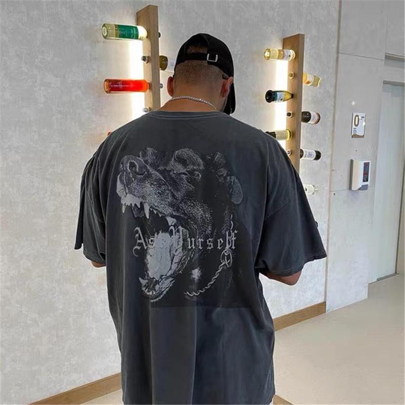 

Men's T-Shirts Vintage Wash Used Summer High Quality Dog Head Print Thick Polished Men's And Women's Short Sleeve T-ShirtMen's, Black