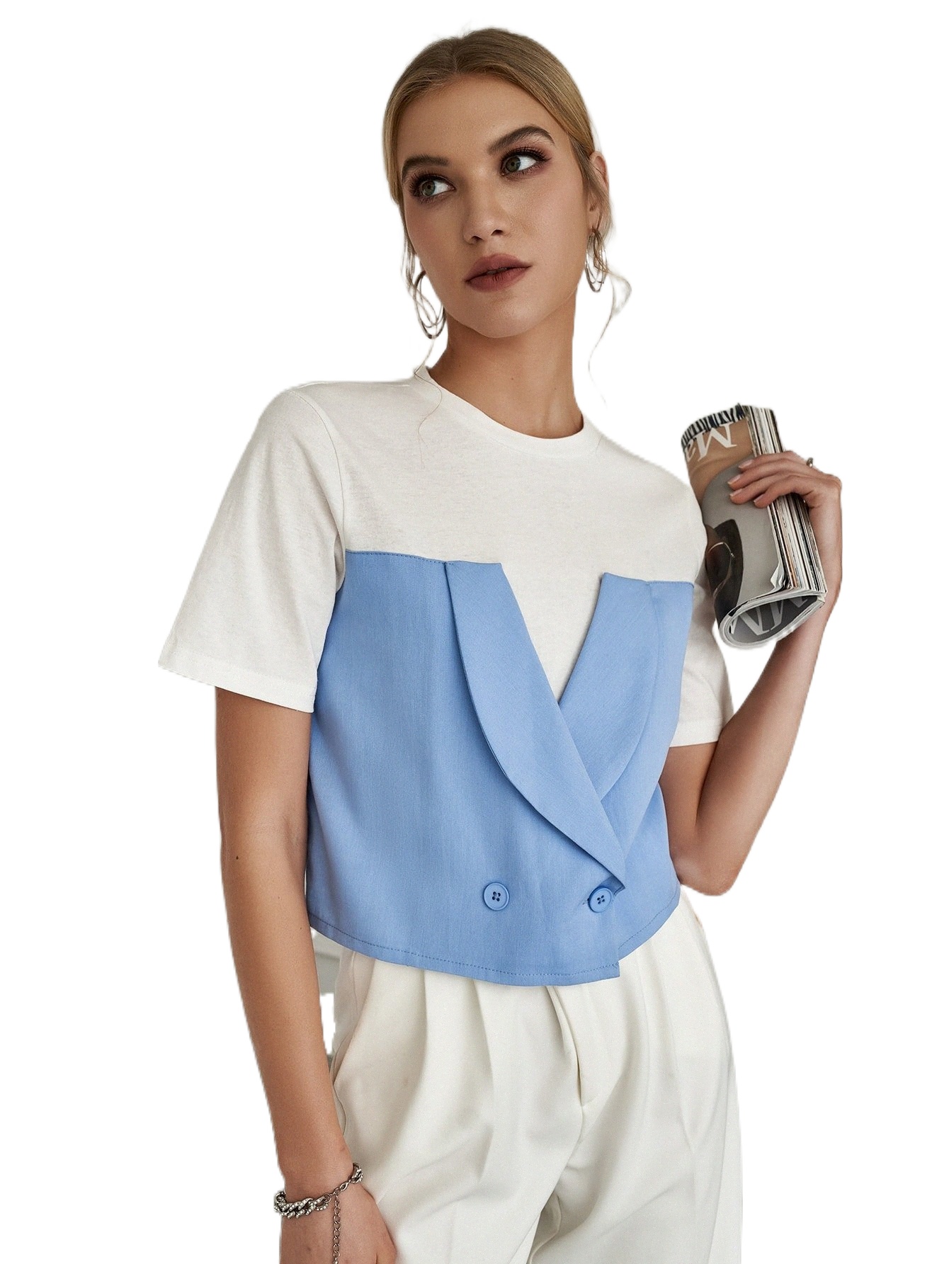 

sollinarry Buttoned Front 2 In 1 Top 56Nf#, Blue and white