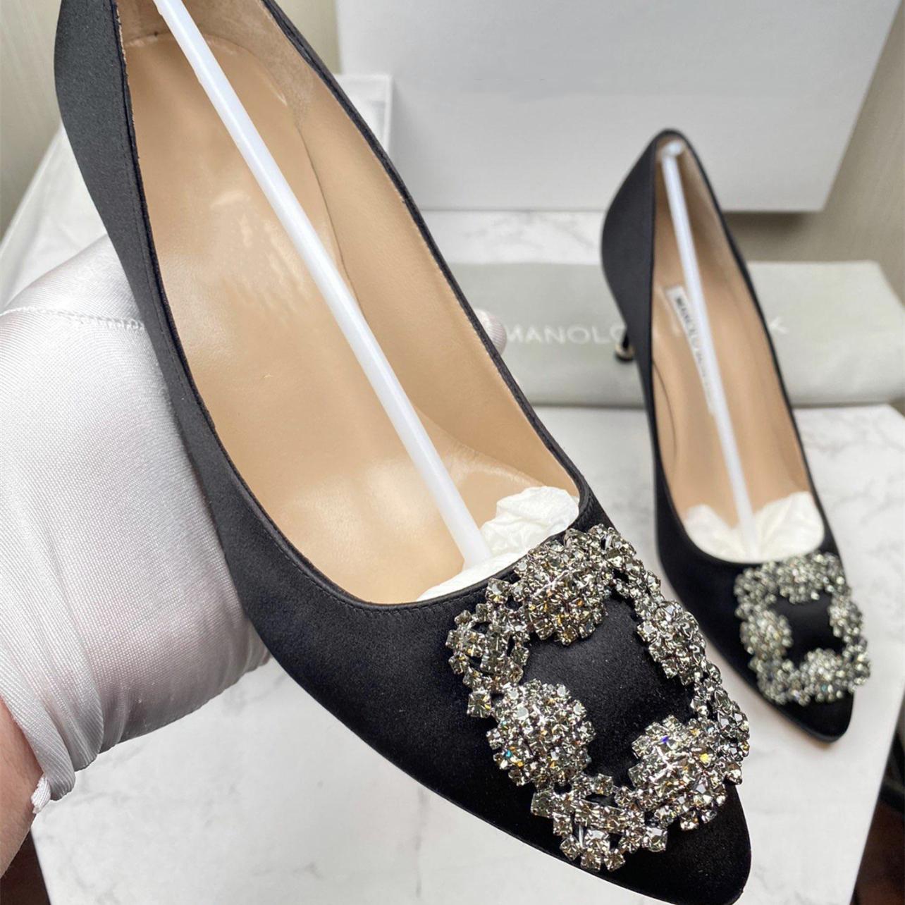 

Brand Designer Ladies High Heels Sexy Wedding Shoes Silk Rhinestone Champagne Square Buckle Leather Luxury Shoes Baotou 9.5CM 34-42, 19