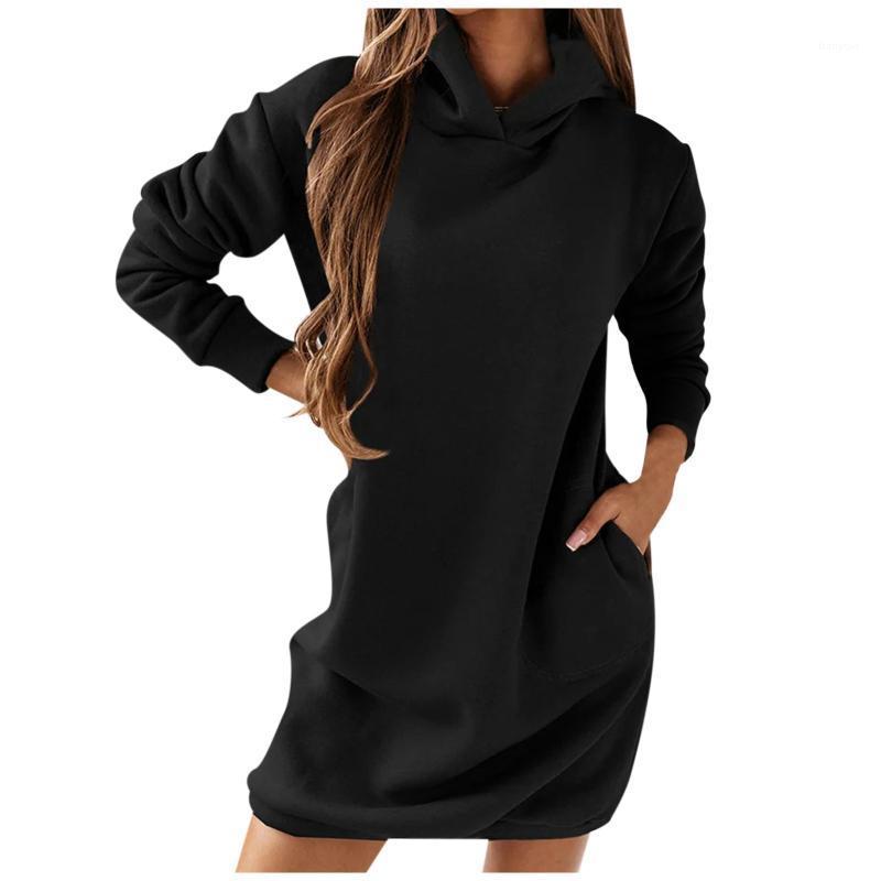 

Casual Dresses Autumn Winter Hooded Long-sleeved Sweater Dress Korean Fashion Solid Color Hoodie Sweatshirt With Pockets Vestido Robes, Beige