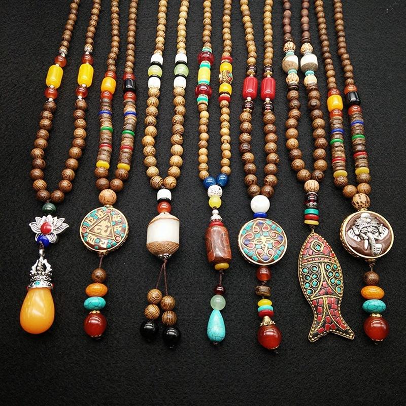 

Pendant Necklaces Retro National Style Women's Bohemian Decorative Accessories Wooden Beads Bodhi Long Buddha Beaded Necklace Sweater Ch