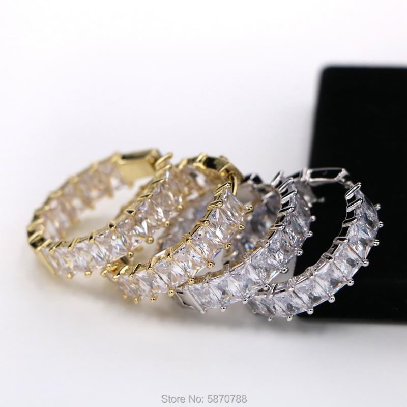 

Hoop & Huggie 25mm Small Gold Plated Baguette Zircon Earrings Set Circle Cuff For WomenHoop