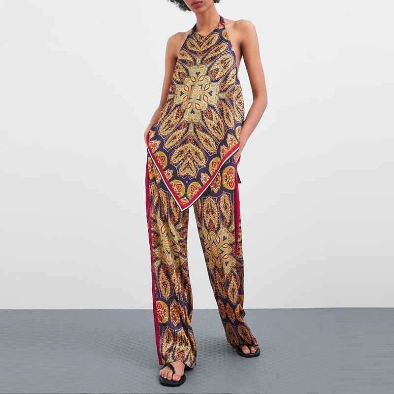 

Women' Blouses & Shirts Philosophy Elastic Sexy Halter Blouse Shirt Vintage Print Loose Ladies Set Female Suits Casual Street Wear Top Bott