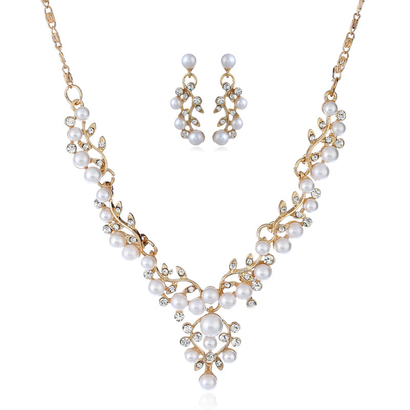 

New Pearl Flower Diamond Necklace Earring Set Exaggerated Bride Accessories Set