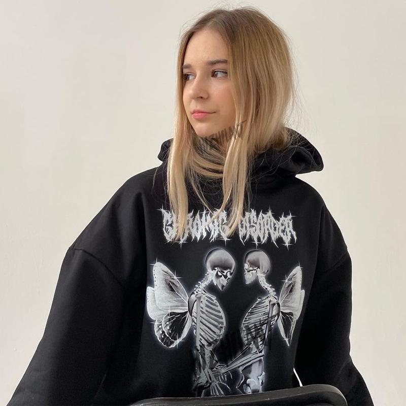 

Women's Hoodies & Sweatshirts Autumn Women's Sweatshirt Goth Skeleton Angel Print Oversized Black Y2K Tops Kawaii Hip-hop Grunge Clothin