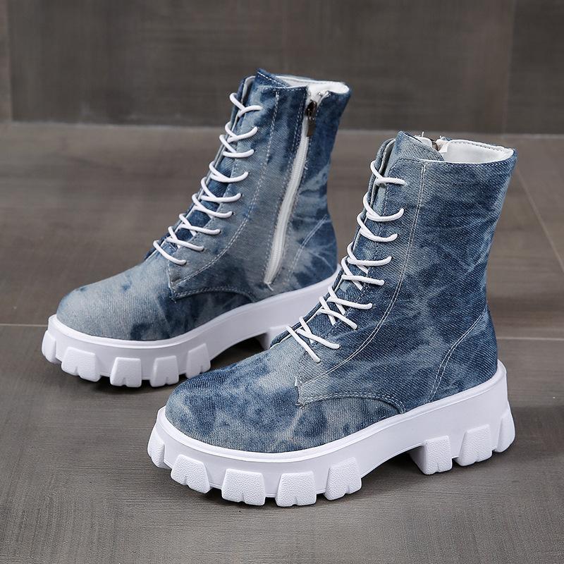 

Boots 2022 Denim Women Ladies Chunky Heel Platform Round Toe Shoes Ankle Jeans Casual Lace Up, Light blue
