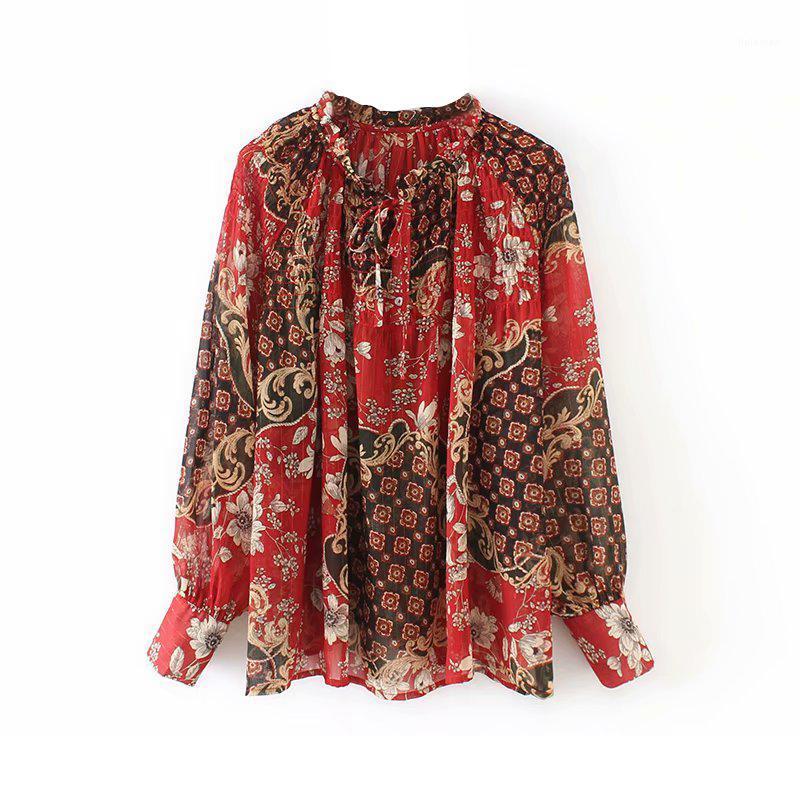 

Women Vintage Floral Print Chiffon Blouse Boho Style Lantern Long Sleeve Bow Tie Pleated Ladies Casual Loose Tops Blusas Women' Blouses
