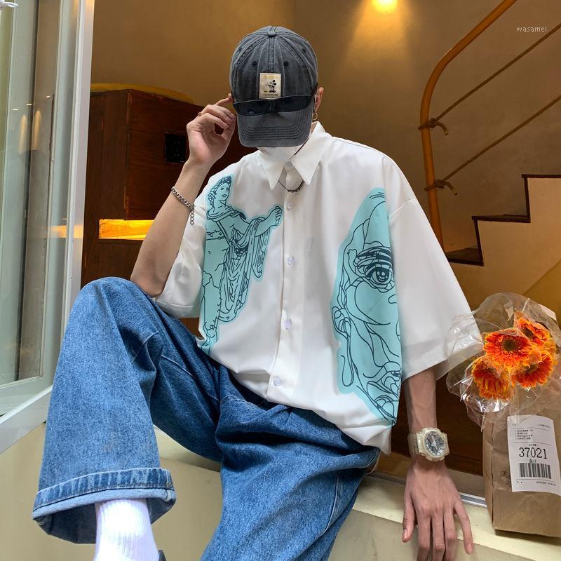 

Summer Men' Short Sleeve Cartoon Printing Loose Casual Shirts High Quality Fashion Trend Lapel Collar White Color