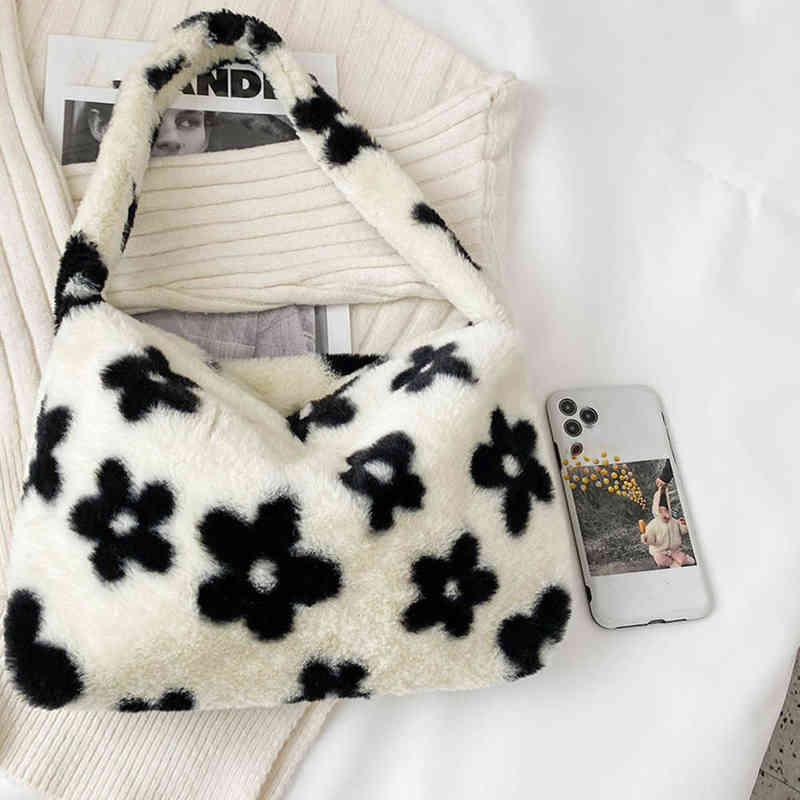 

Evening Bags Ins Fashion Women Plush Flower Pattern Shoulder Elegant Female Underarm Faux Fur Handbag Furry Fluffy Tote 220630, Pink