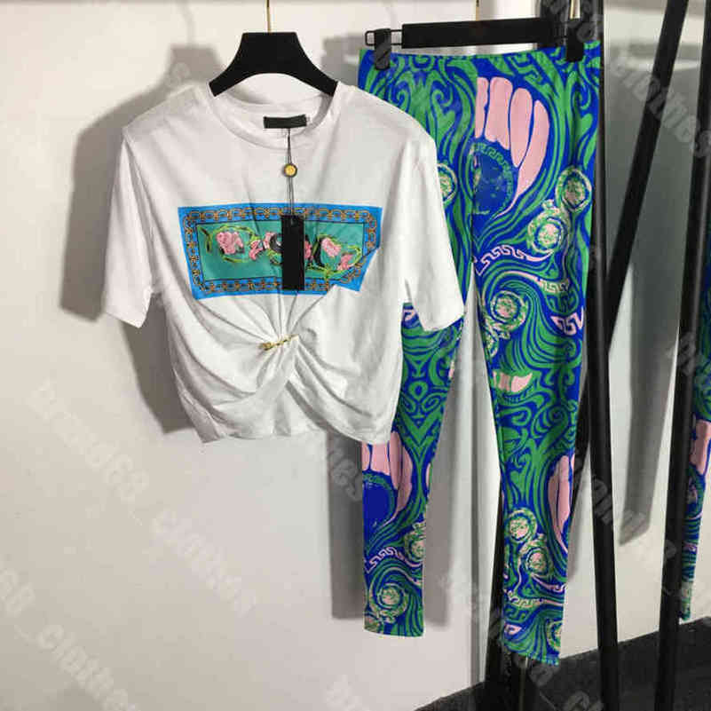 

fashion women slim leggings cotton t-shirt two piece suit tracksuit fashion trend luxury short sleeve pants suit Ve..ce brand trousers shirt