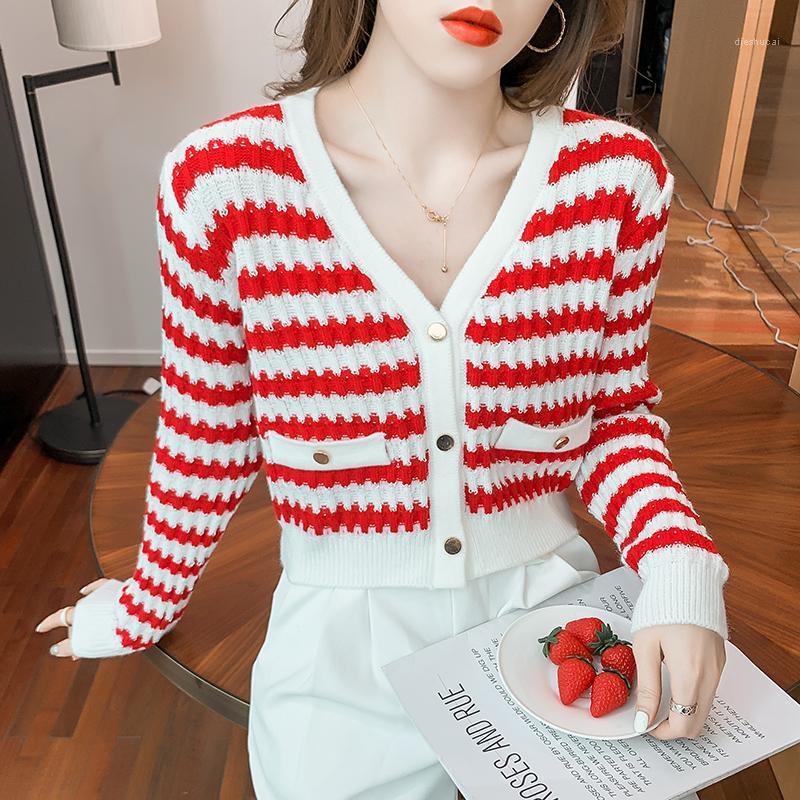 

Women's Knits & Tees Korean Version Of The V-neck Small Fragrance Striped Panelled Slim Short Knitted Cardigan Sweater Jacket Cr, Red