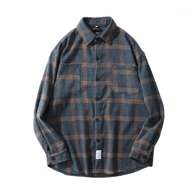 

Men' Casual Shirts 2022 Plaid Shirt Oversized Men Long Sleeve Streetwear Harajuku Hip Hop Loose Korean Fashion Retro, Blue