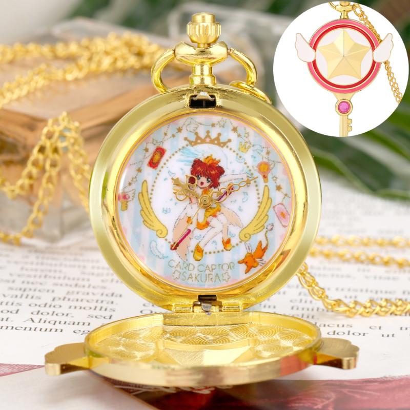 

Pocket Watches Fashion Anime Cardcaptor Sakura Star Wing Key Shaped Magic Girls Dial Design Quartz Watch Chain Women Clock Gift For FansPock, Arabic numerals dial