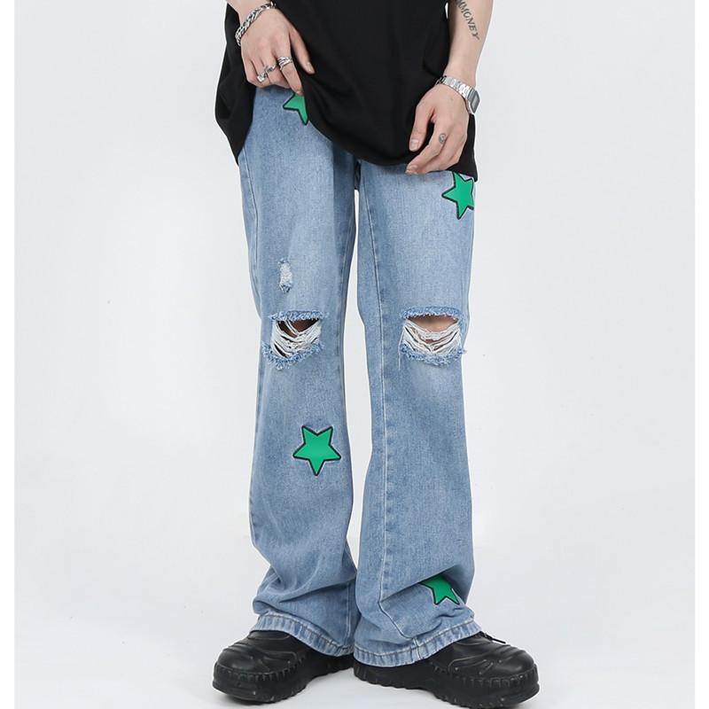 

Men' Jeans Fashion Letter Star Embroidery Baggy Men Hip Hop Pants Ripped Hole Straight Vintage Denim Trousers Pantalon HommeMen, Blue