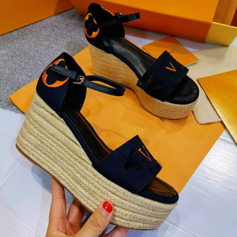 

Luxury Since Sandal Starboard Wedge Sandal Women Designer Sandals High Heel Linen Ankle Ties Canvas Lady Outdoor Shoes With Box NO377
