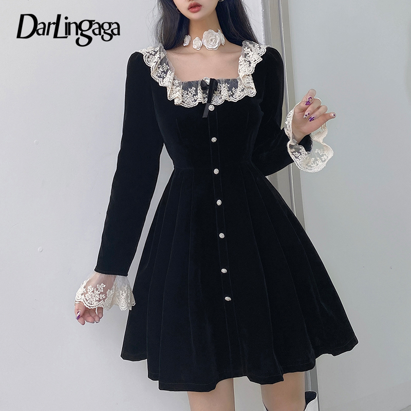 

Darlingaga Elegant Vintage Square Neck Black Velour Party Dress Female Lace Patchwork Bow Buttons Autumn Pleated Dresses Korean, Black dress