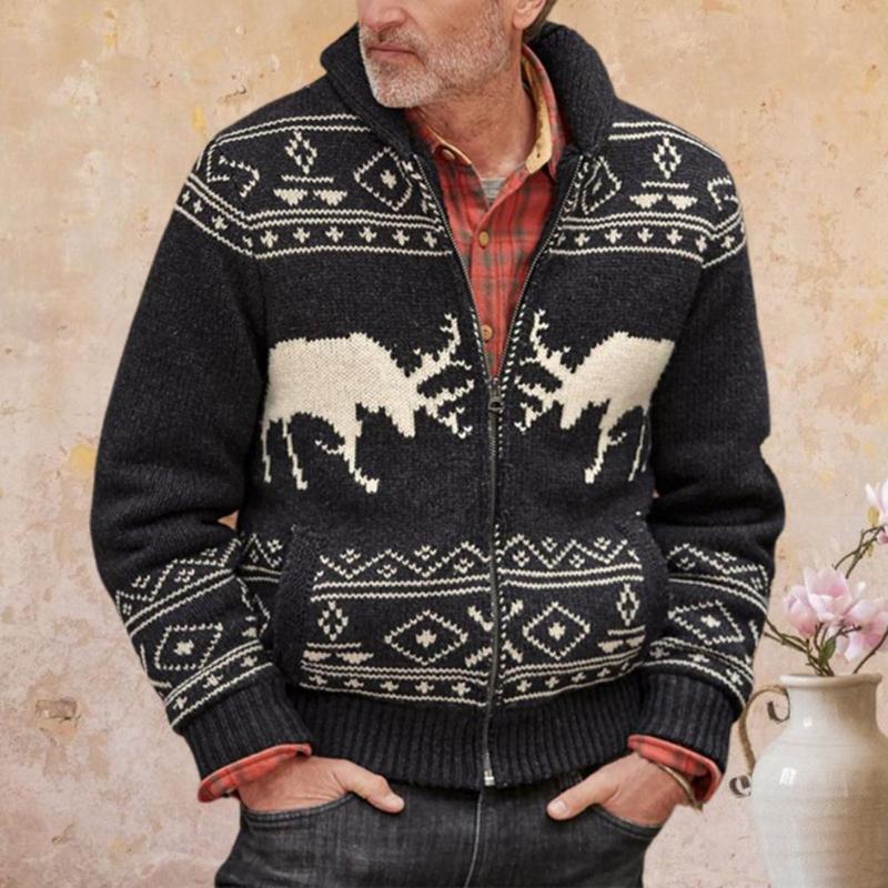 

Men's Sweaters Men Knitted Coat Elk Pattern Christmas Warm Stand Collar Thick Male Sweater Jacket For Winter Casual Long Sleeve Streetwear, Black