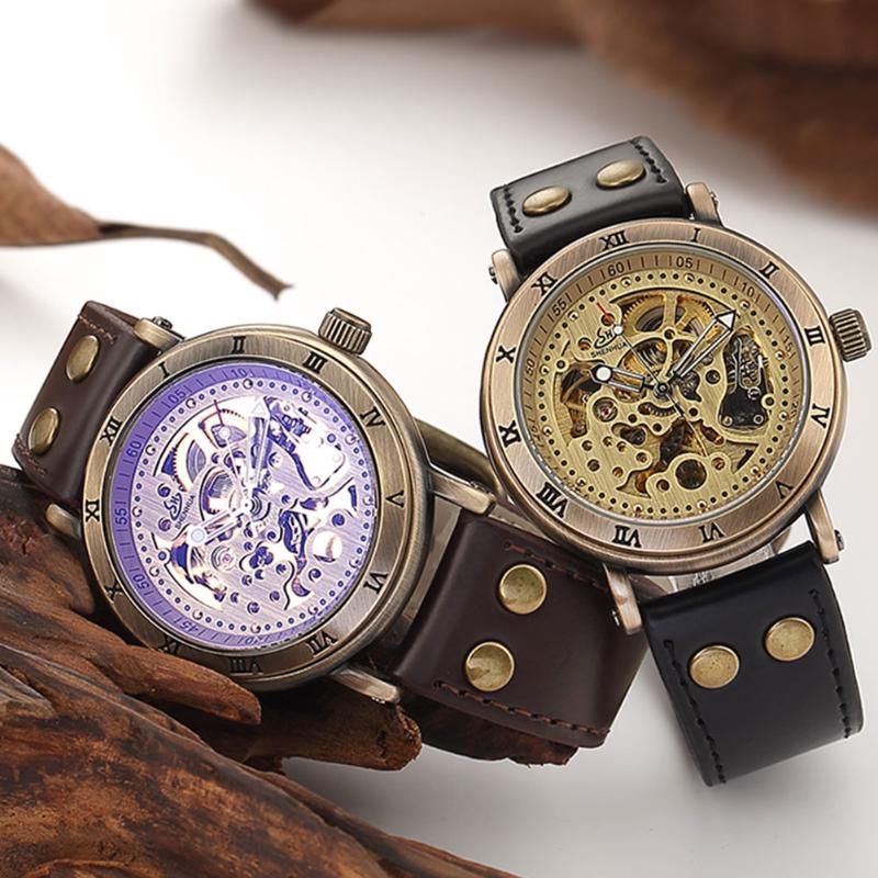 

Wristwatches Bronze Skeleton Mechanical Watch Men Automatic Self-Wind Watches Antique Retro Leather Wristwatch Male Relogio MasculinoWristwa