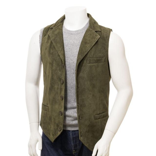 Men's Vests Men's Suit Vest Army Green Suede Material Lapel Collar Steampunk Clothing Male Gentleman Business Waistcoat For Men Wedding