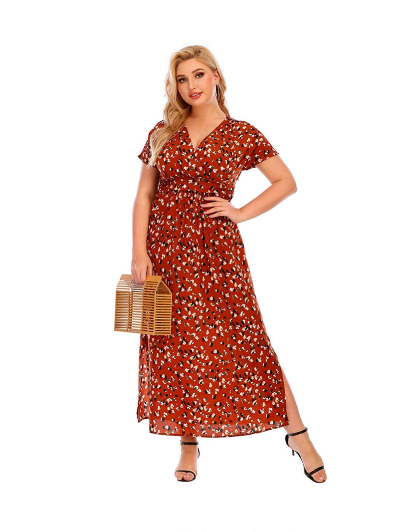 

Plus Size Dresses Sexy Street V Neck Short Sleeve Print 2022 Women Colthing For Summer Fashion Casual Flowers DressPlus, Red