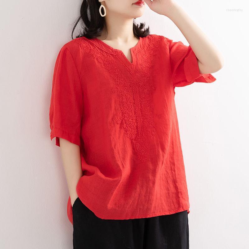 

Women's Blouses & Shirts Women Summer T Shirt Vintage Ethnic Embroidery Short Sleeve Large Tees Casual Loose V-neck Cotton Pullovers Tops La, Pink