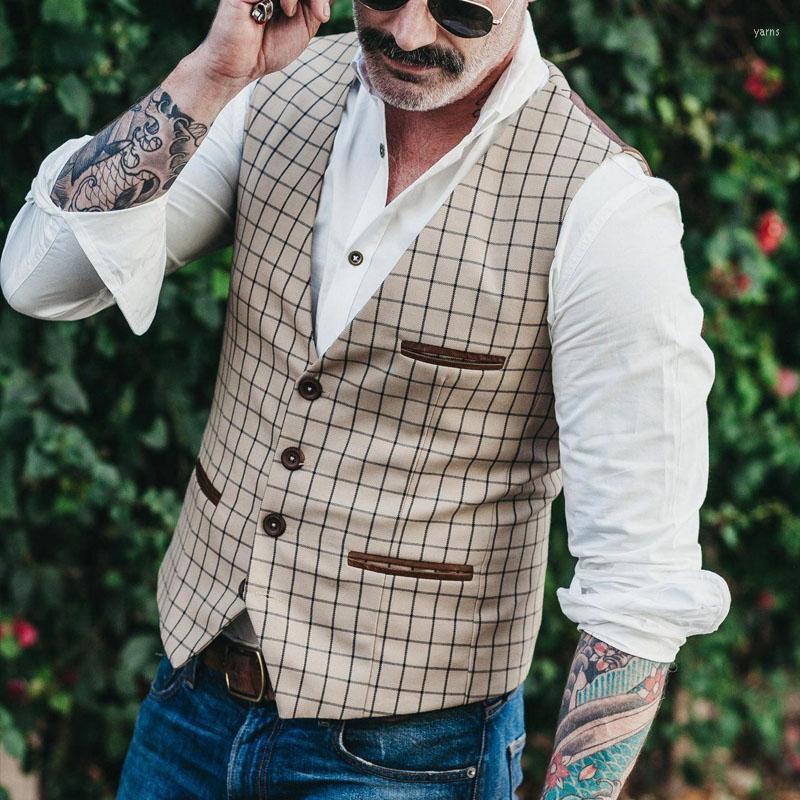 

Lugentolo Men Vest Spring Autumn Jacket Slim Plaid V-neck Coat Single-breasted Men' Casual Vests