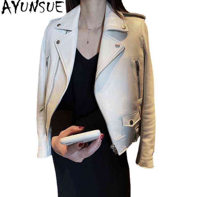 

AYUNSUE Real Leather Jacket Sheepskin Women' Motorcycle Leather Jacket Spring Autumn Black Short Trendy Coats Jaqueta Feminina J220727