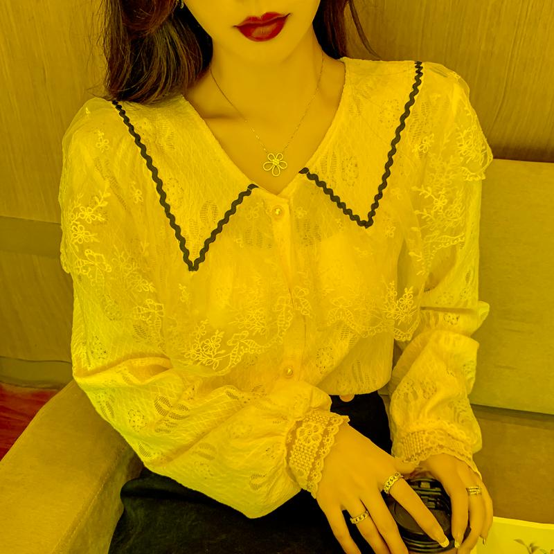 

Women' Blouses & Shirts Lace Women' Blouse Casual V-neck Summer Shirt Fashion Long Sleeve Top, White