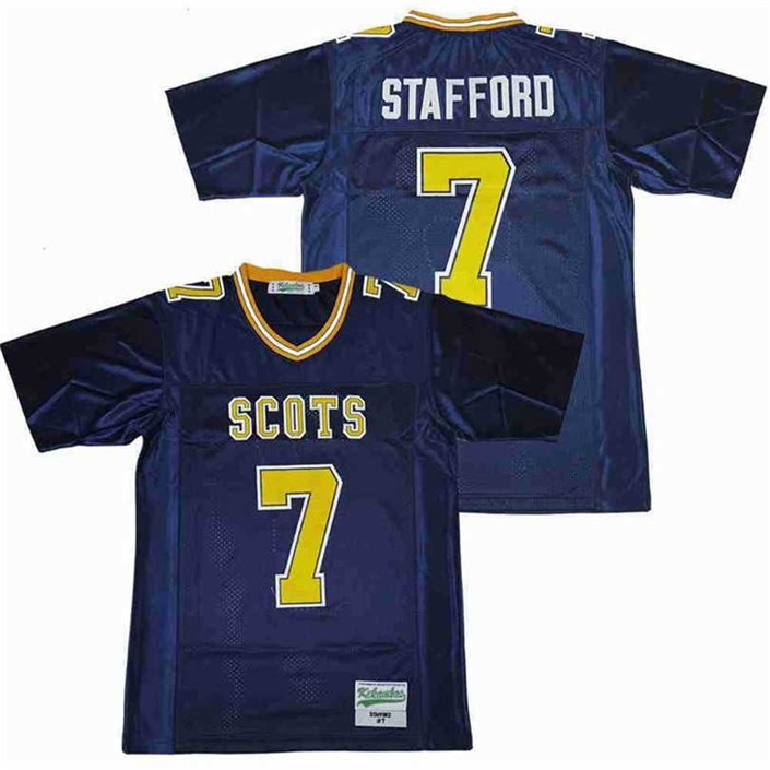 

C202 Men High School 7 Matthew Stafford Football Highland Park Jersey Scots Breathable All Stitched Team Away Navy Blue Pure Cotton Good Quality
