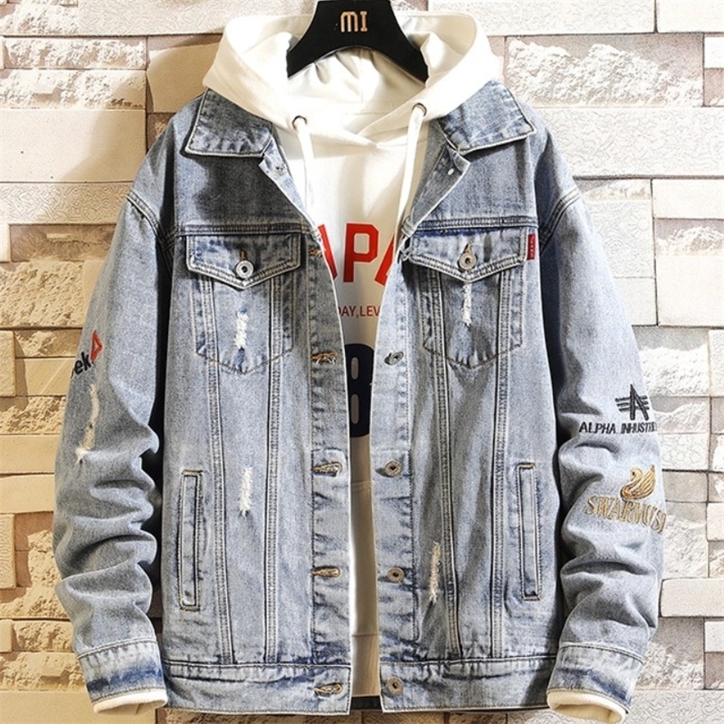 

Spring and Autumn teenagers denim loose casual trend large size jacket male fashion jacket men 220815, 1809-white