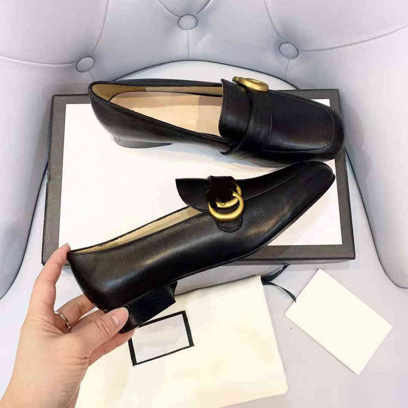 

small leather shoes 2022 new style square head button thick heel casual women's, Black