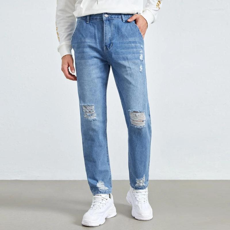 

Men' Jeans Ripped Casual Wear And Wash Pocket Trousers Autumn Street Straight Leg Pants Slim Brand TrouserMen' Heat22, Blue