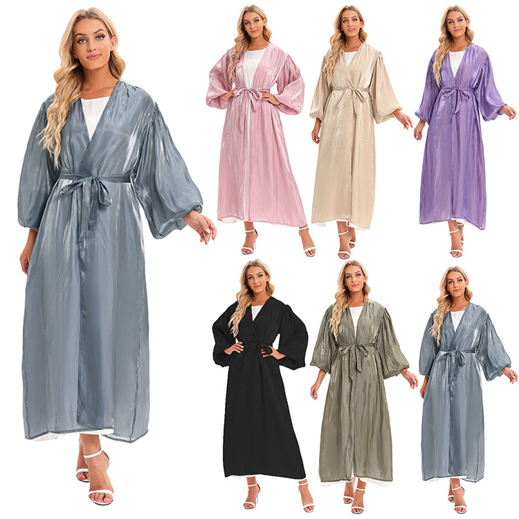 

Ramadan Eid Djellaba Abaya Dubai Shiny Soft Puff Sleeves Muslim Dress Turkey Silky Open Abayas for Women Islam Moroccan Kaftan