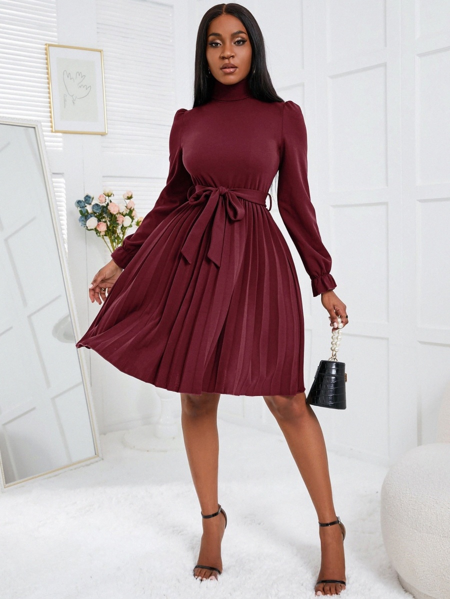 

turtleneck Flounce Sleeve Pleated Hem Belted Dress T7NJ#, Maroon