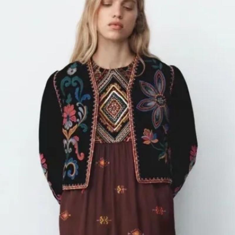 

Women's Jackets AYUALIN 2022 Spring Fall Heavy Embroidery Velvet Jacket Women Vintage Ethnic Floral V Neck Open Stitching Coat Black Outerwe