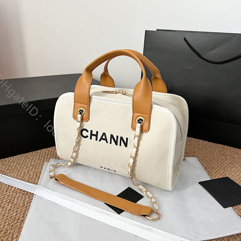 

Beach Bags soft canvas Luxury Designer shoulder chain two straps plain letter handbags shopping totes zipper casual fashion women wallets great coin purse package, Color white