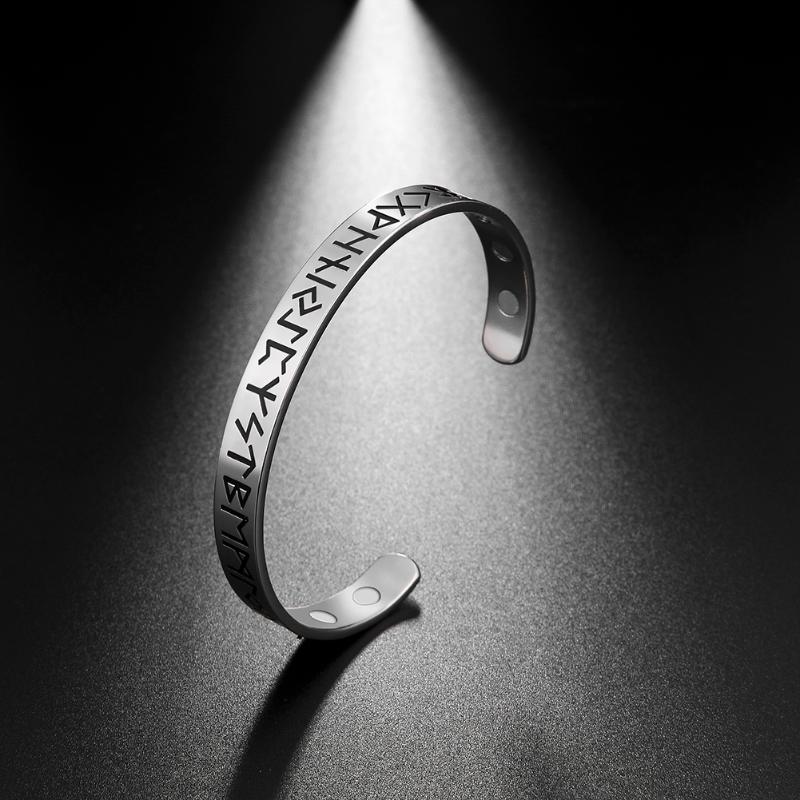 

Bangle Fishhook 24 Runes Norse Viking Supernatural Wicca Amulet Talisman Magnet Cuff Stainless Steel Bracelet Health JewelryBangle