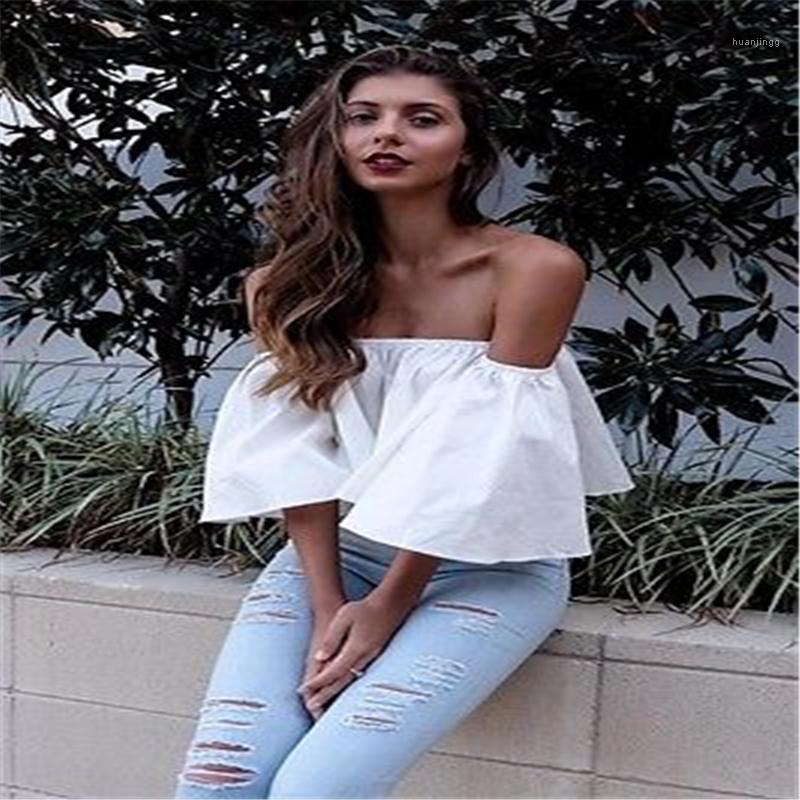 

Sexy Shoulderless Flare Sleeve Tank Tops Off Shoulder Blouse Crop Top Cropped Women' Blouses & Shirts, Sky blue