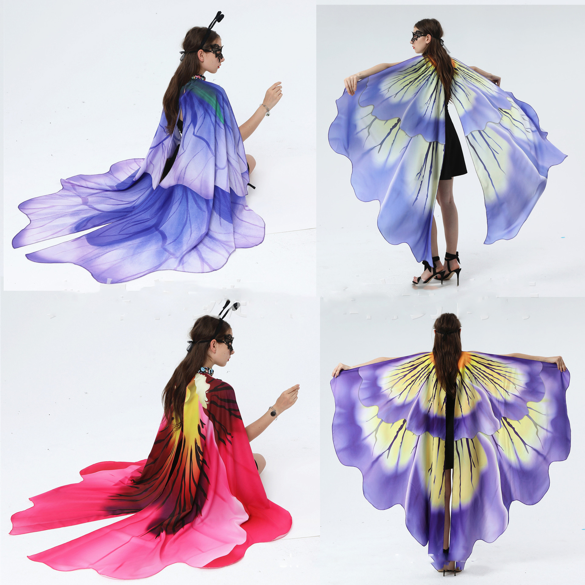

Women Monarch Butterfly Wings Wrap Costume Flower Large Cape Fairy Ladies Shawl Dancing Festival Outfit Angel Wings Mask Headband, As show