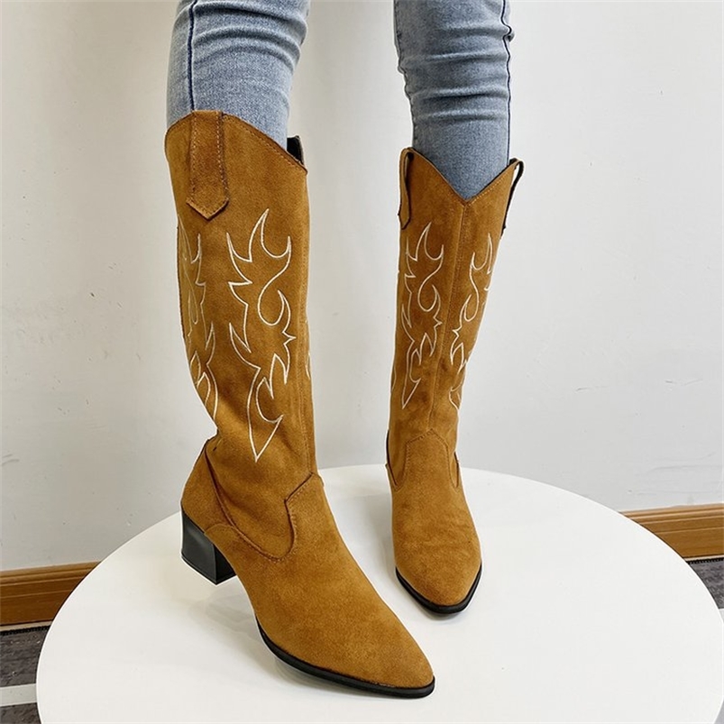 

Women Western Cowboy Boots Pointed Women's Shoes Printing Mid Calf Boots Winter Chunky Heel Wedges Knight Botas Feminina 220813, Black