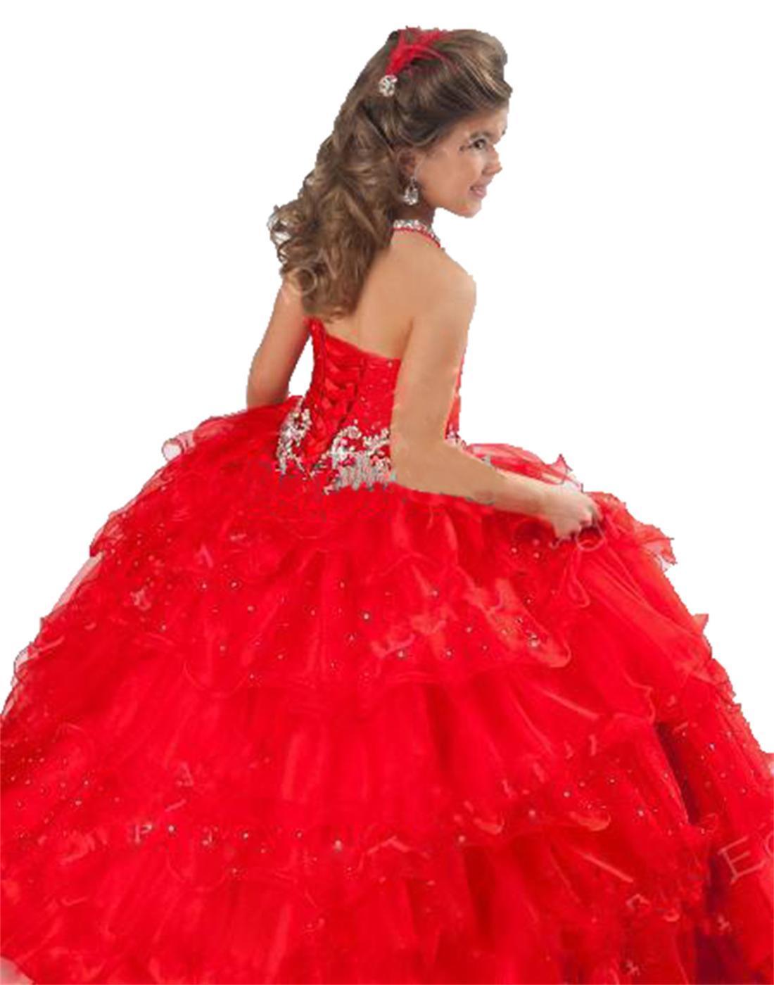 

Wholesale Red Crystals Beaded Halter In Stock Flower Girl Dresses For Teens Ball Gown Halter Puffy Ruffles Skirt Little Girls Pageant Gowns