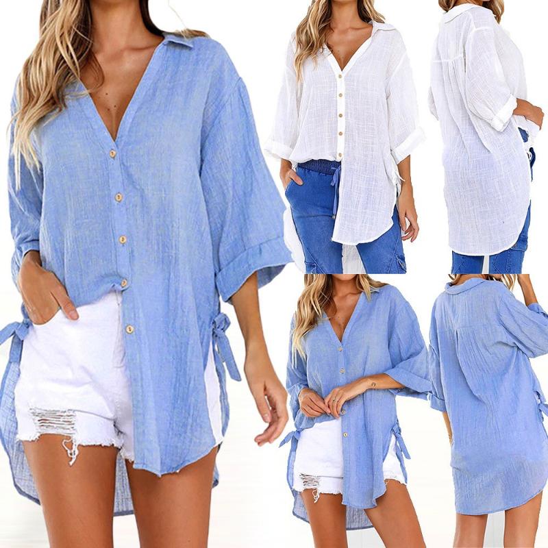 

Women' Blouses & Shirts Chemise Femme Womens Tops Summer Linen Cotton Long Shirt Women Casual Loose Blouse Woman Clothes Lady Button Up Blu, Blue