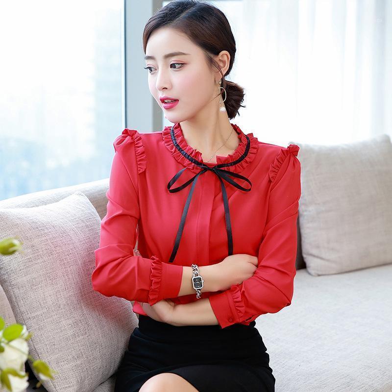

Spring Autumn Shirt Women' Long Sleeve BlousesLotus Leaf Shirts Fashion Streetwear Blouse Tie Collar Red Top Blusas Blouses1