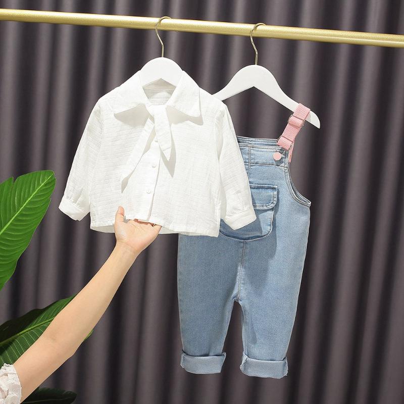 

Clothing Sets Spring Autumn Clothes Set For Girls Baby Infants Bowtie Lapel Collar Long Sleeve Shirt Tops Wing Jeans Overall Pants 2pcs S110, Blue