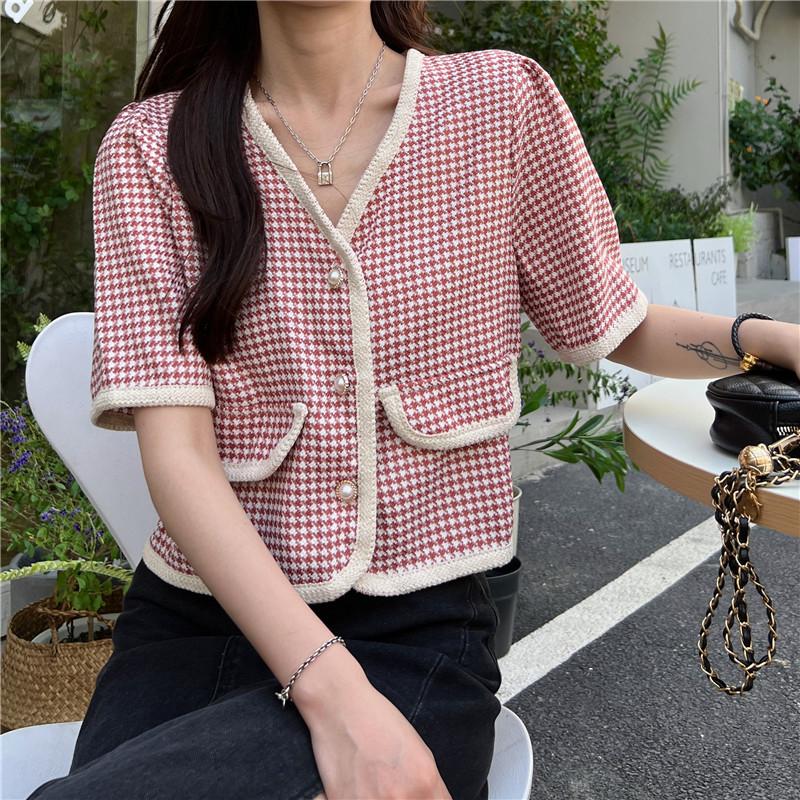 

Women's Jackets Summer Fashion Clothes Female Short Cardigan Tops Women Houndstooth Thin Coat Casual Slim Pearl Buttons V-neck Sleeve TopWom, Shenh f41 hong