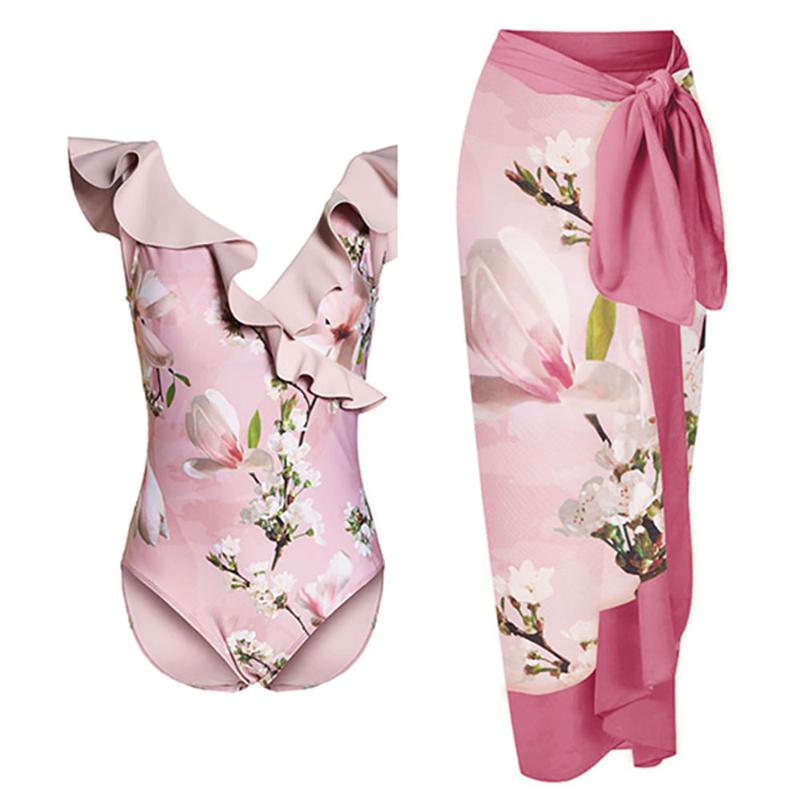 

Women' Swimwear Elegant Pink Print V-Neck Ruffle Cut Swimsuit High Waist Push Up Skinny Bikini And Covered Open Back Sexy Beachwear WomenWo