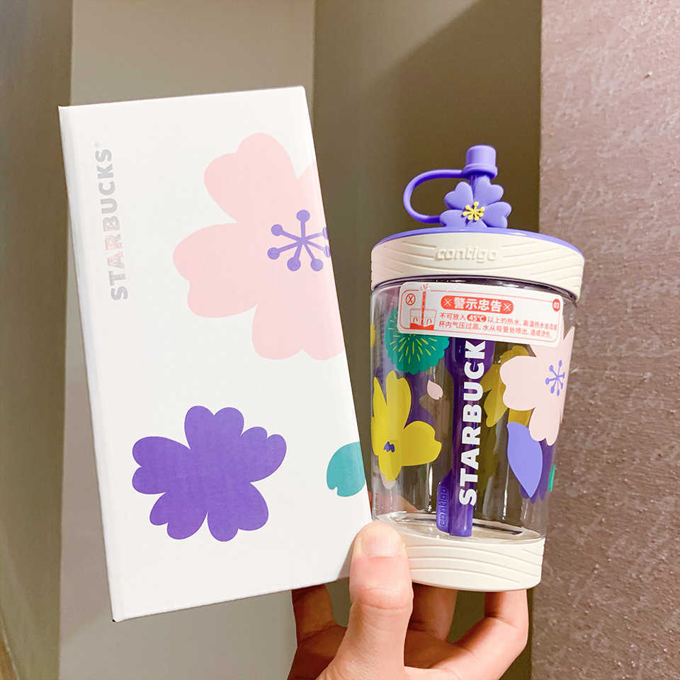 Starbucks cup summer flowers contingo leak proof straw cup 520ml girl travel sports covered water cup-image-760154551