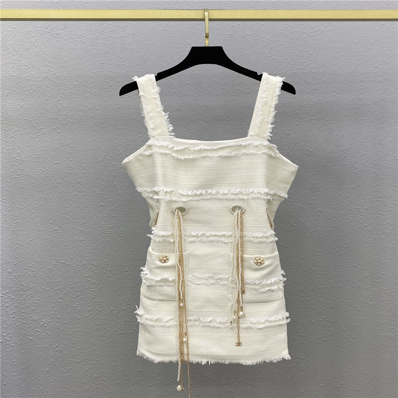 

2022 women summer a-line dress tweed dresses with pearls belt female milan runway designer dresses sleeveless tassel tank tops shirt clothing, White